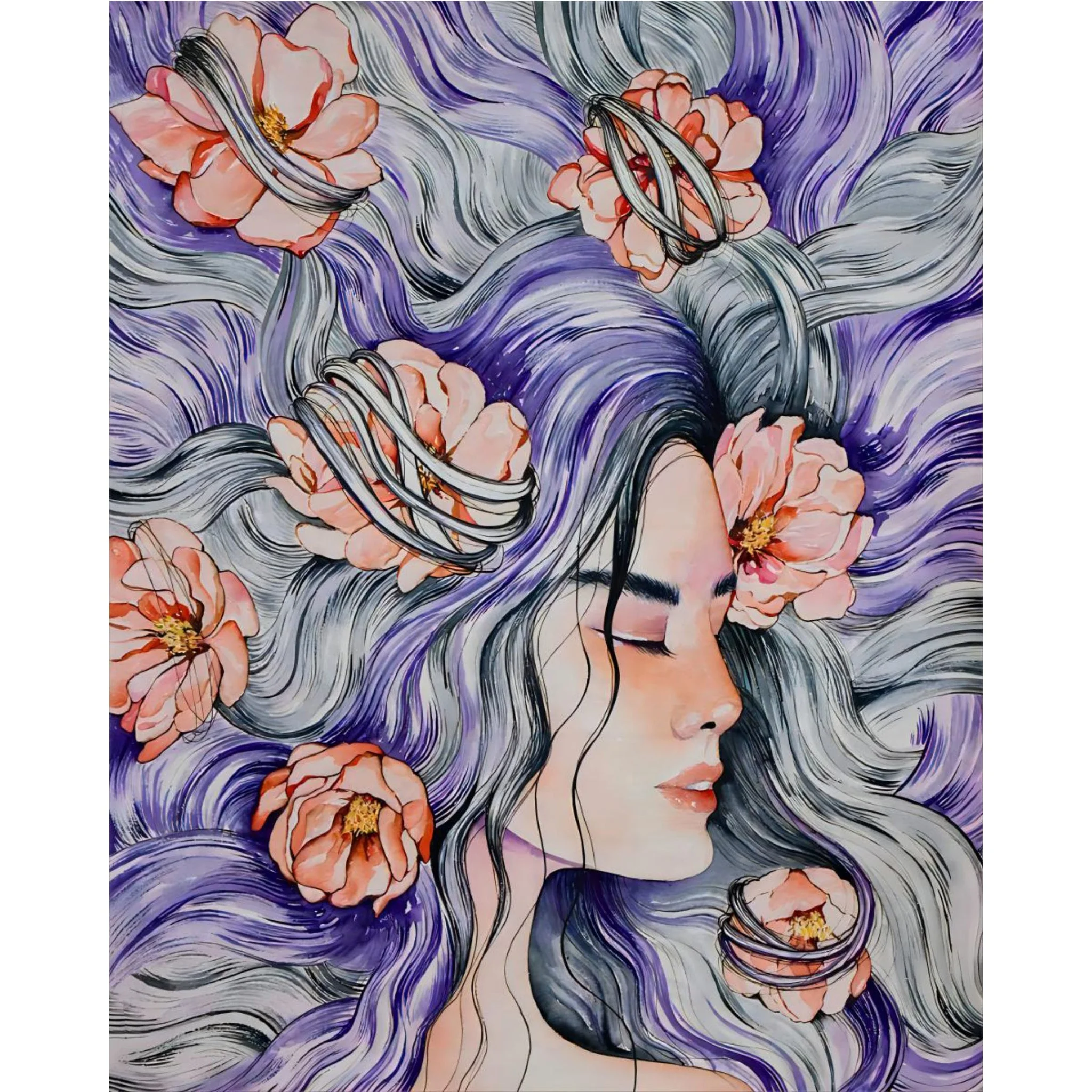 Girl with Purple Hair Surrounded by Flowers | Diamond Painting - Image 2
