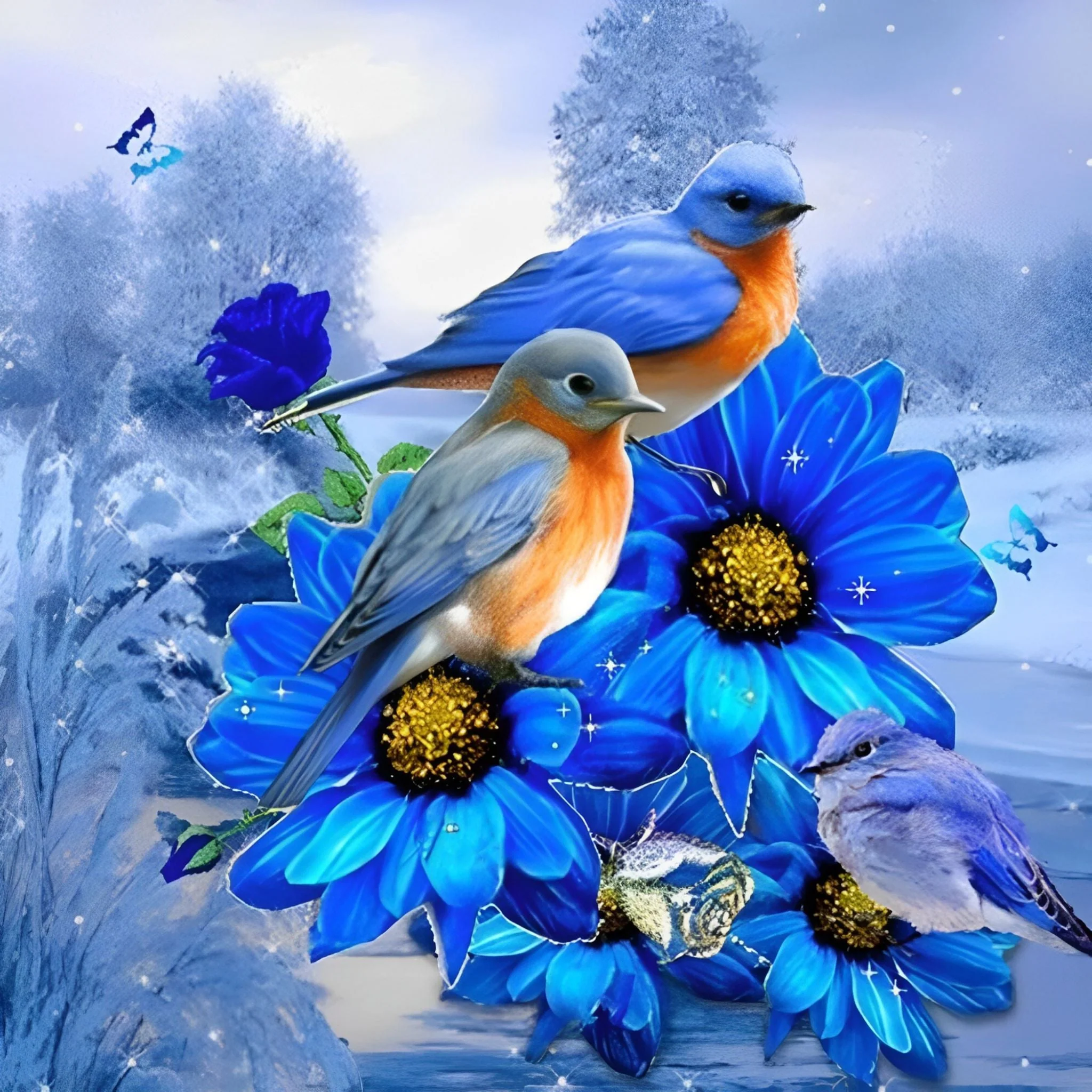 Winter Birds On The Blue Flowers | Diamond Painting - Image 2