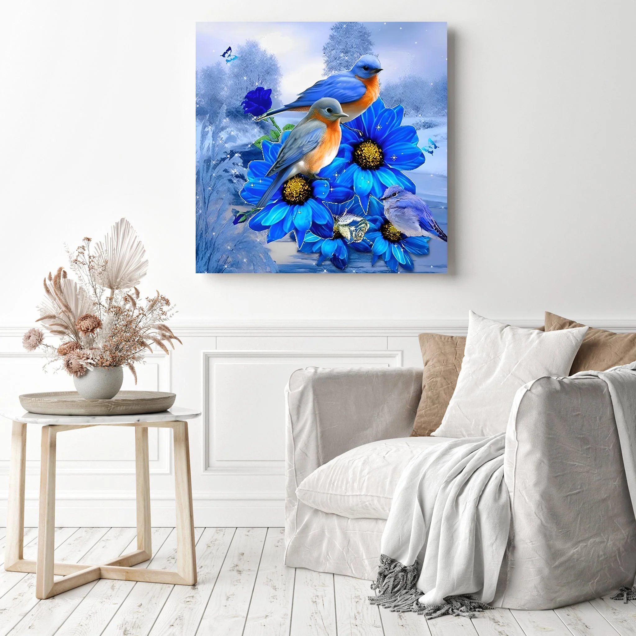Winter Birds On The Blue Flowers | Diamond Painting - Image 3