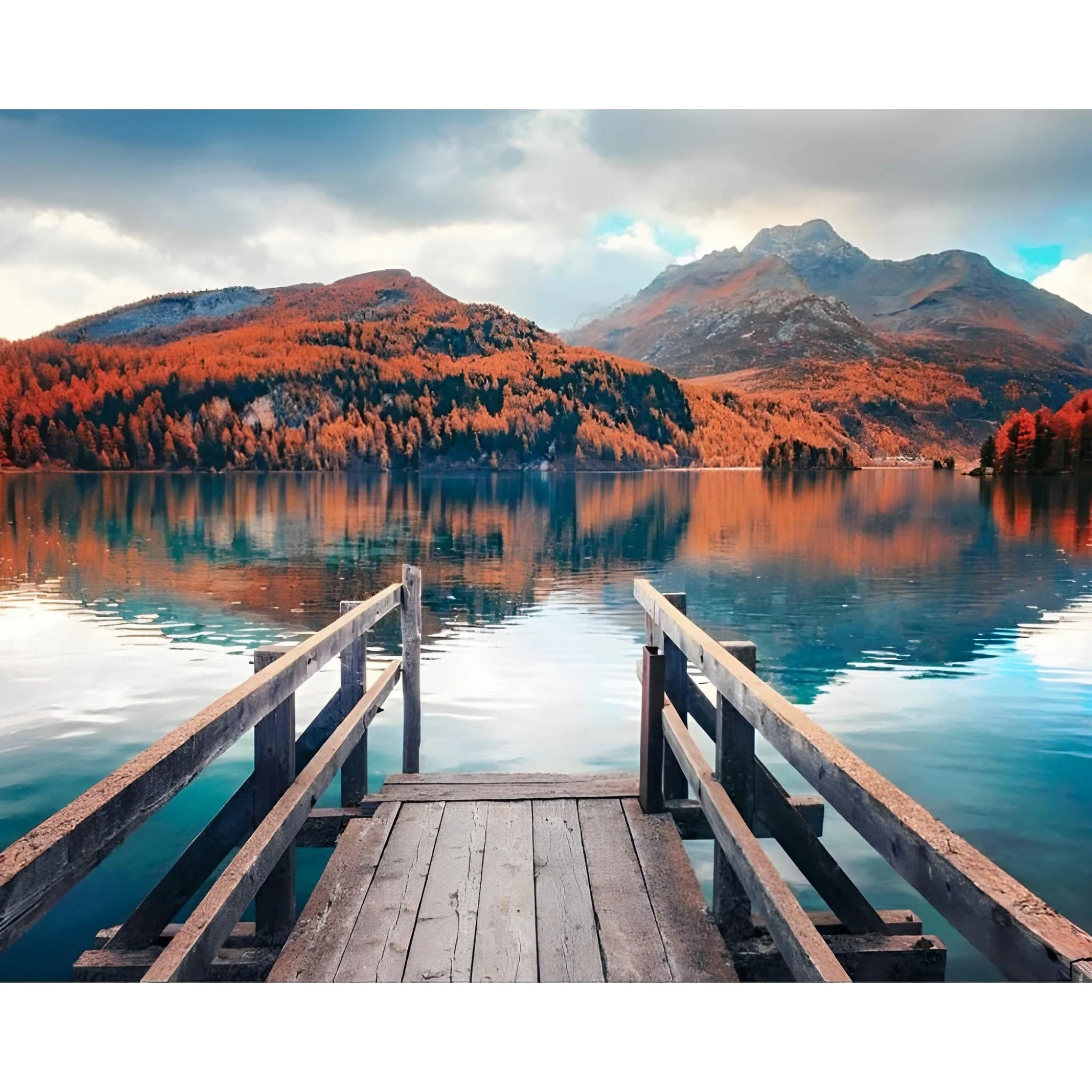 Wooden Pier on Autumn lake Sils | Diamond Painting - Image 2
