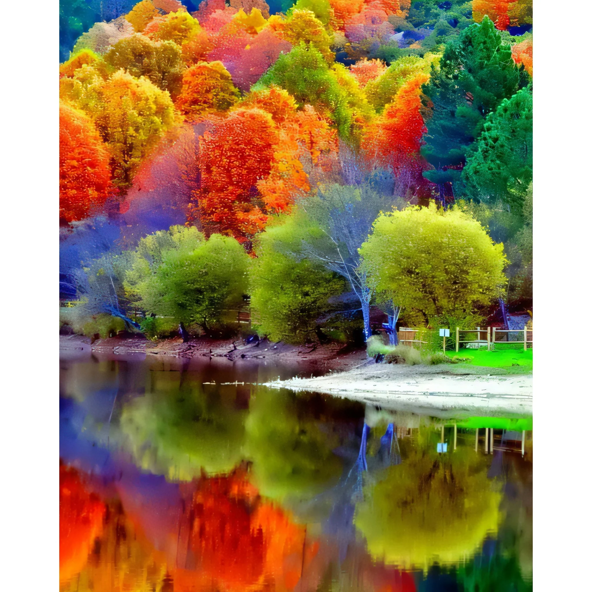 Colorful Trees In Forest With Reflection On Lake | Diamond Painting - Image 2