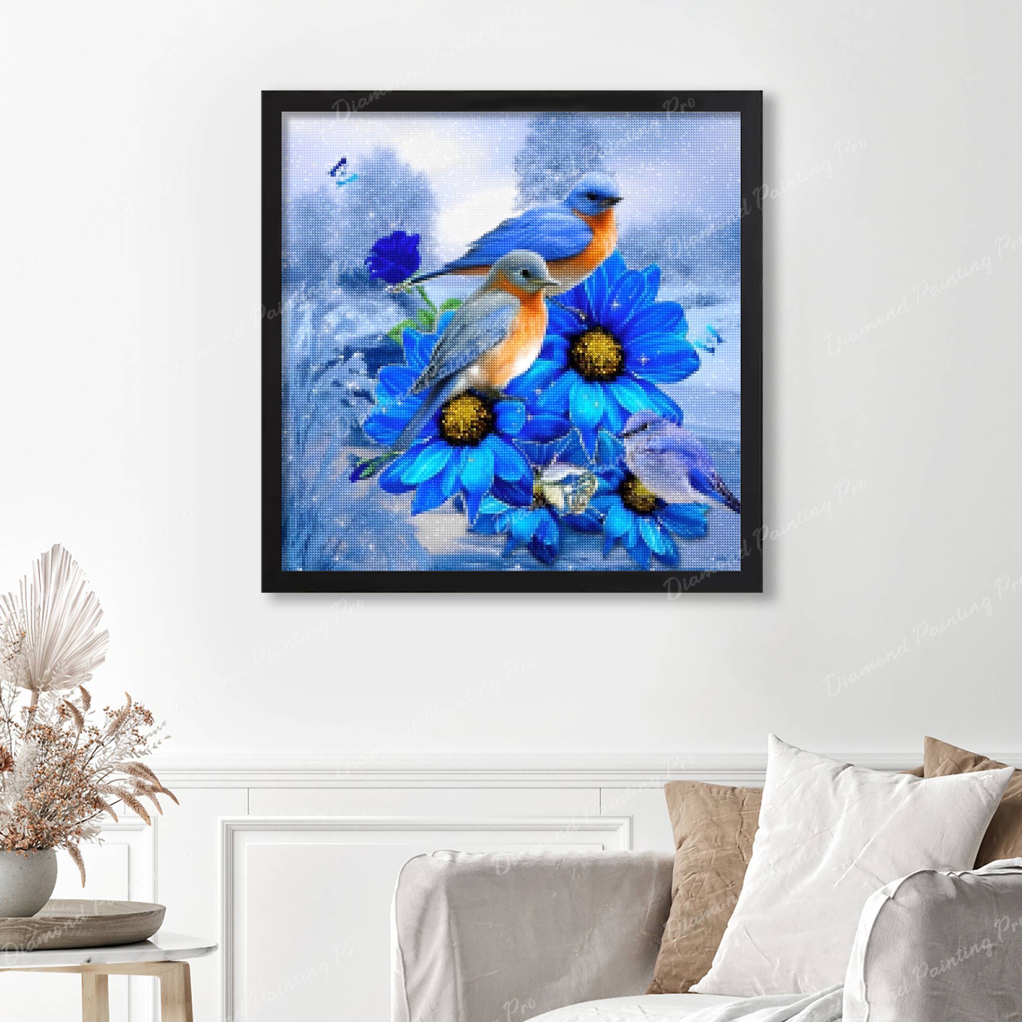 Winter Birds On The Blue Flowers | Finished Diamond Painting - Image 4