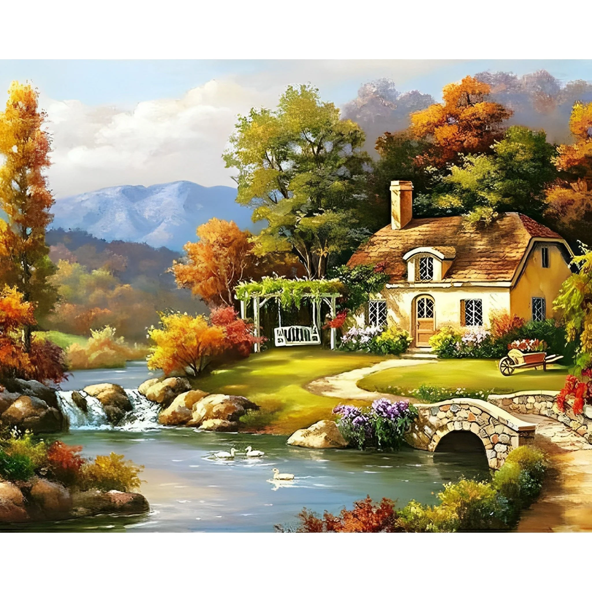 Autumn Cottage by the River | Diamond Painting - Image 2