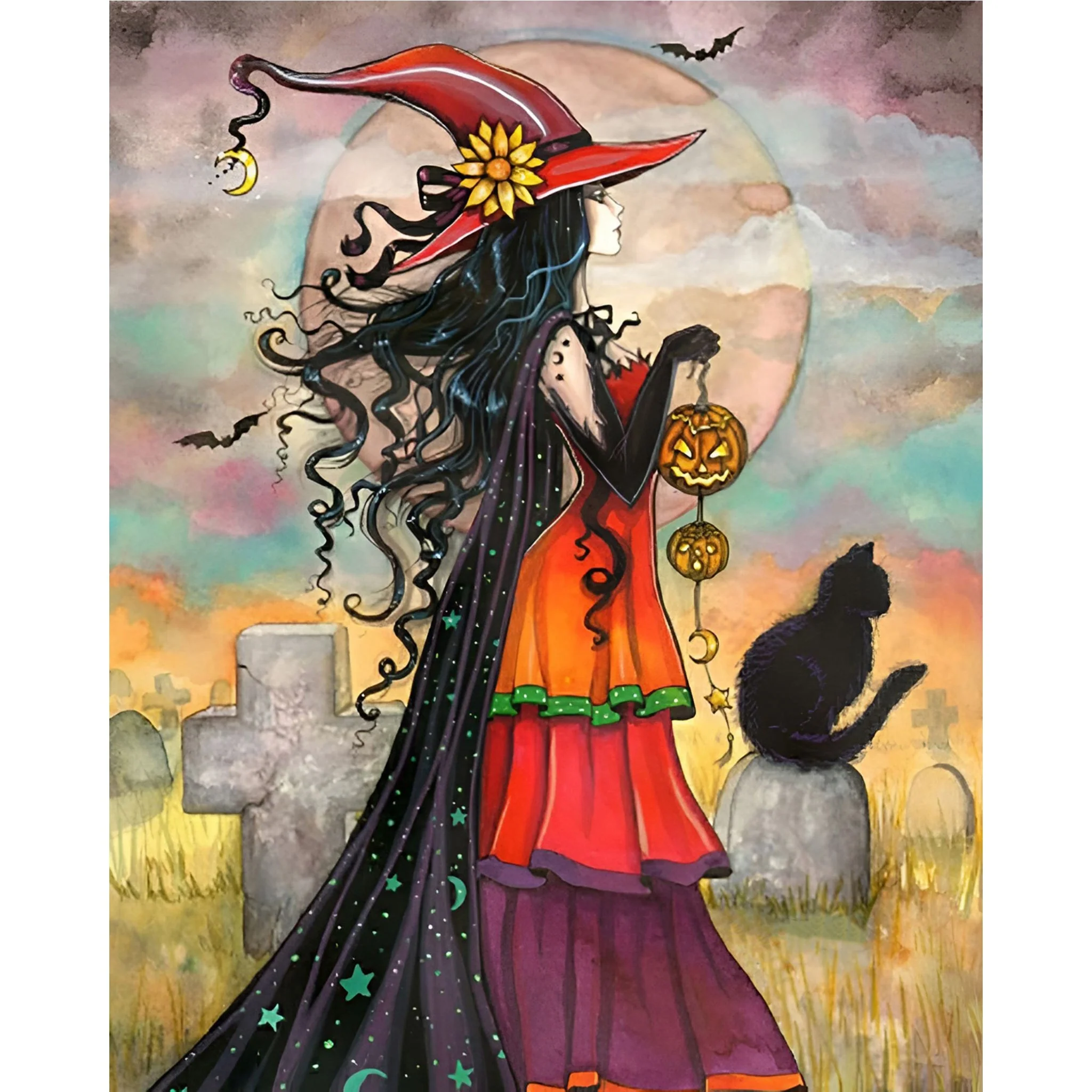 Witch Carrying A Pumpkin Lantern | Diamond Painting - Image 2