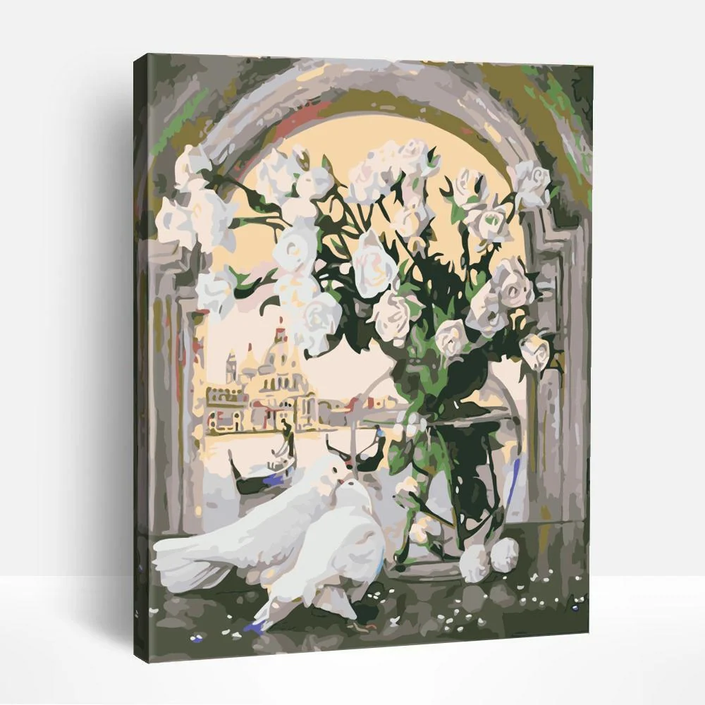 White Roses and Doves | Paint By Numbers