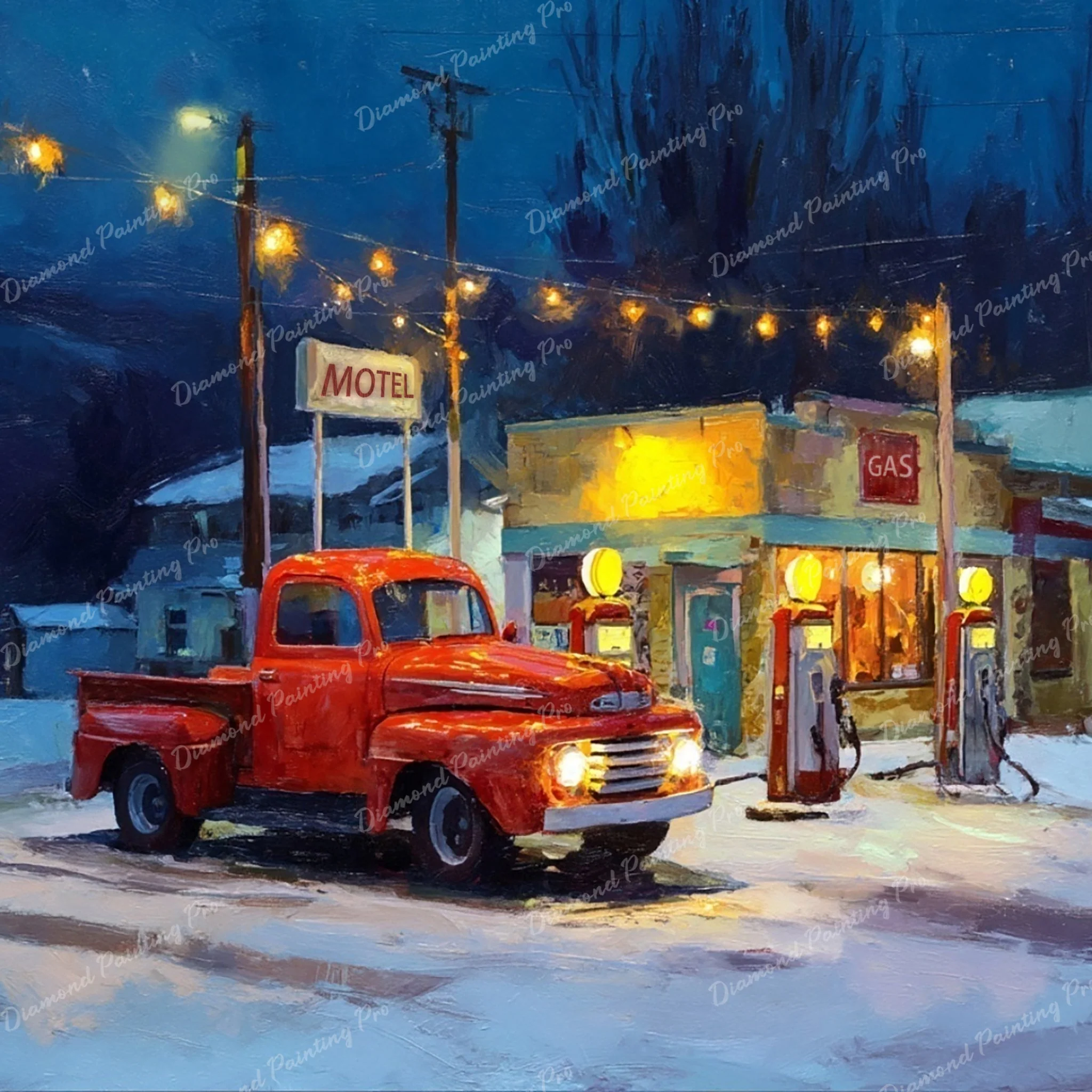 Red Truck at Gas Station | Diamond Painting - Image 2